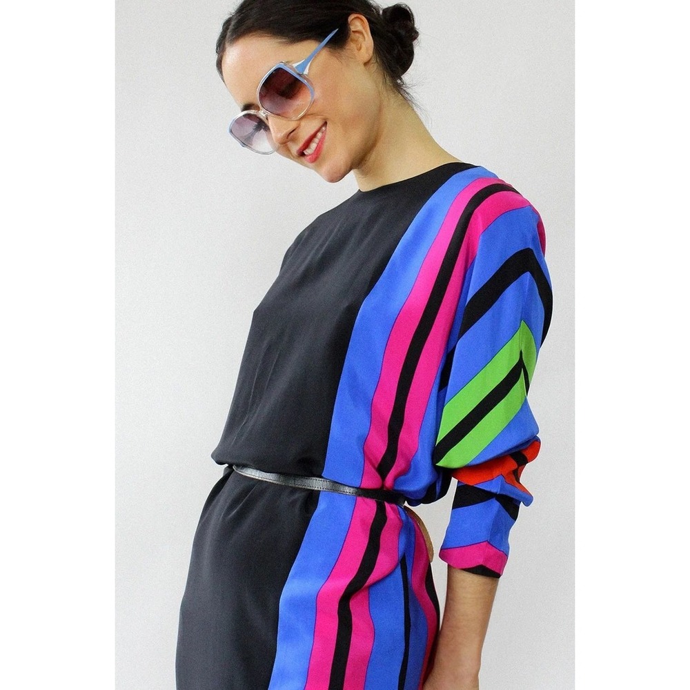 80s Vtg Oleg Cassini Black & Multicolor Pop Art Stripe Sheath Silk Dress Sz 16
